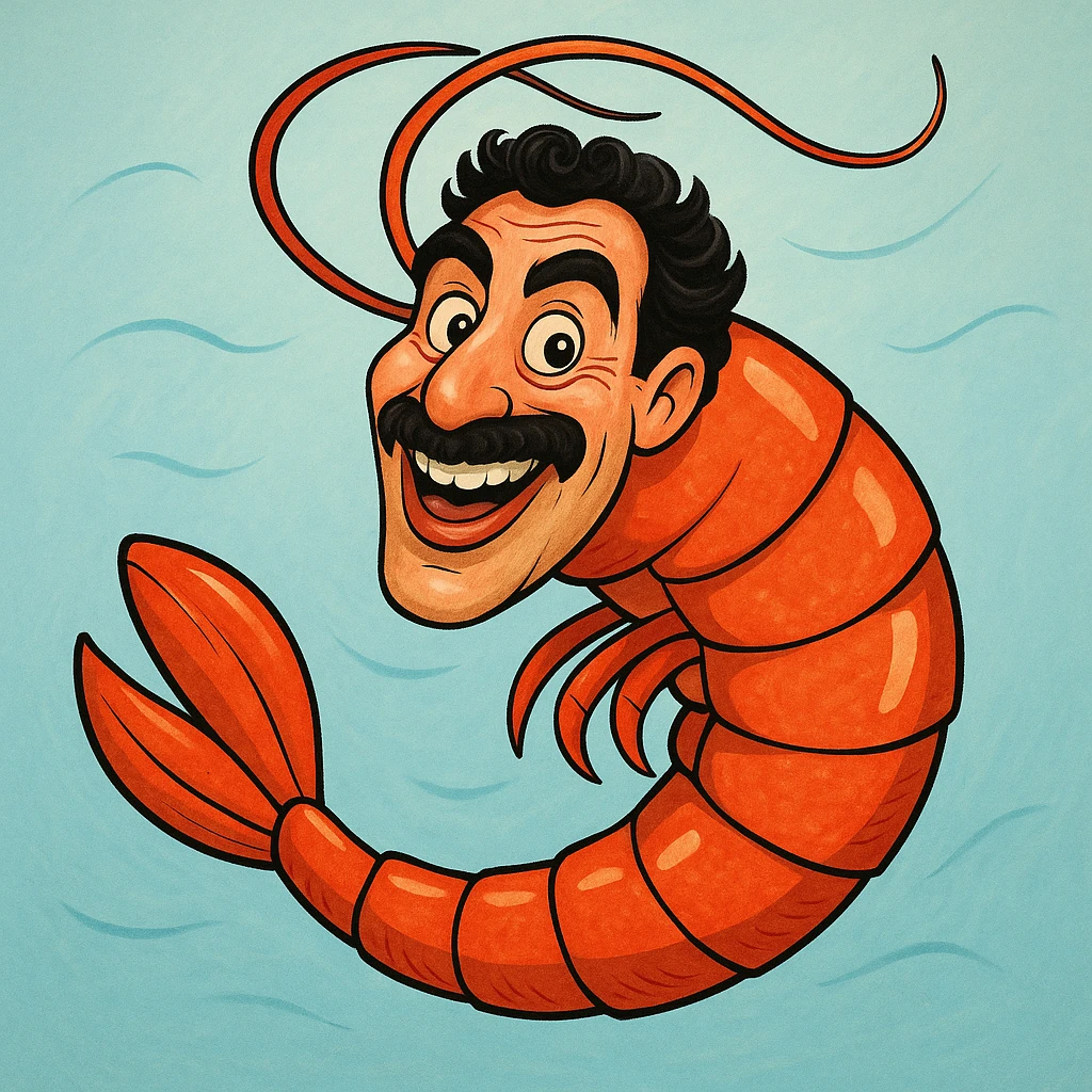 a shrimp character with Borat's facial features, smiling, cartoon style emoji