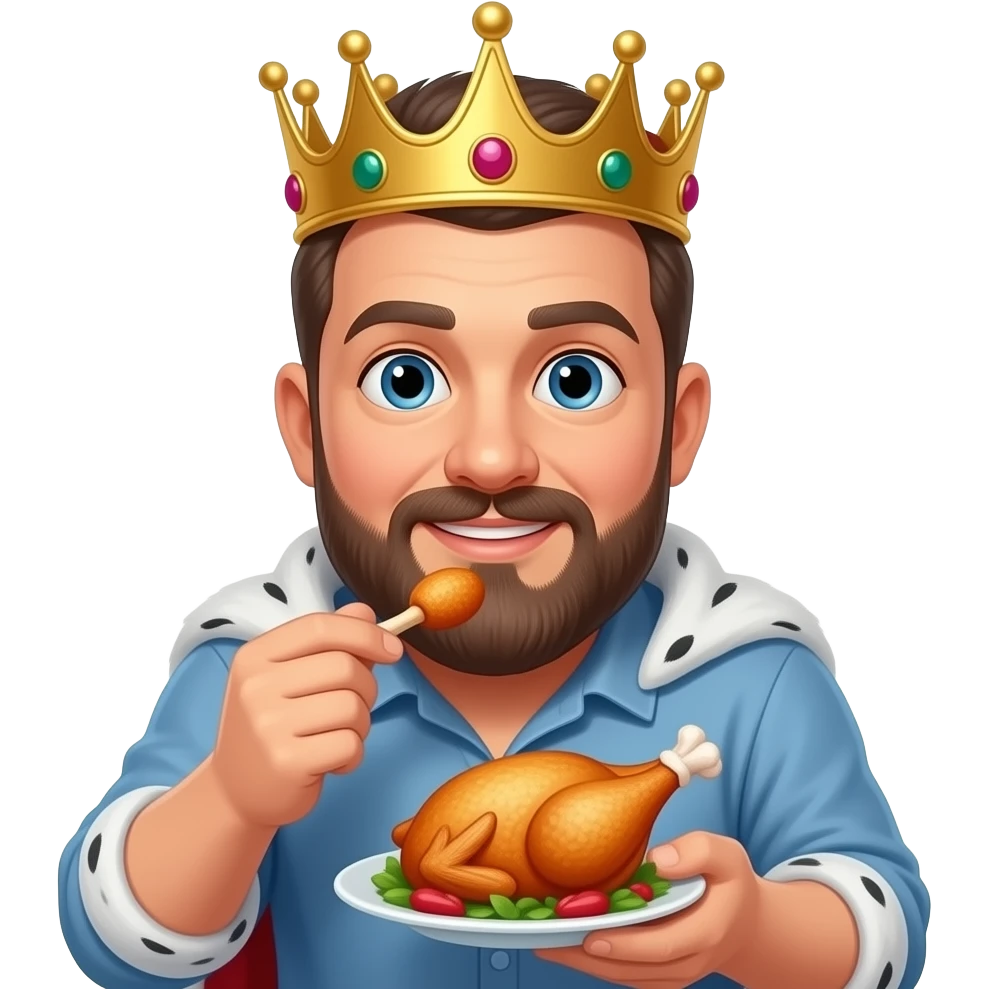Hombre comiendo comiendo pollo con una corona de reina emoji