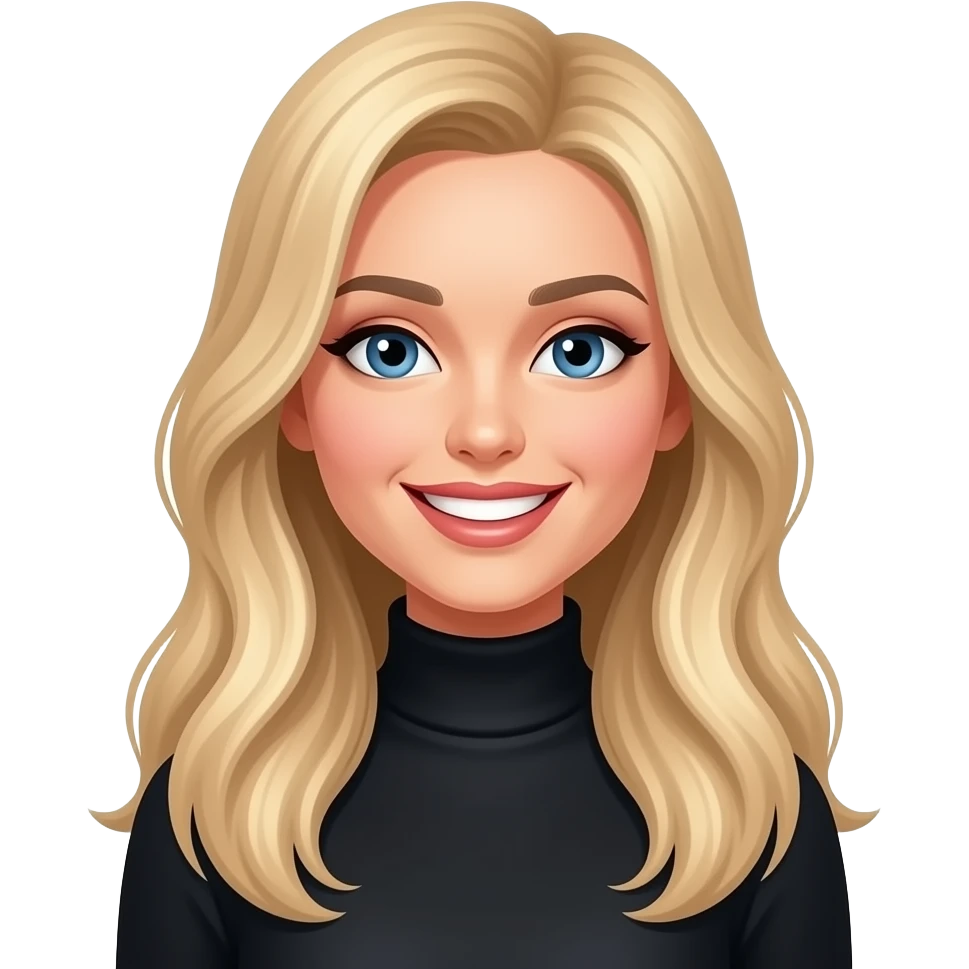 LF - slim, blonde long hair, make up, black turtle neck top, slim, big smile emoji