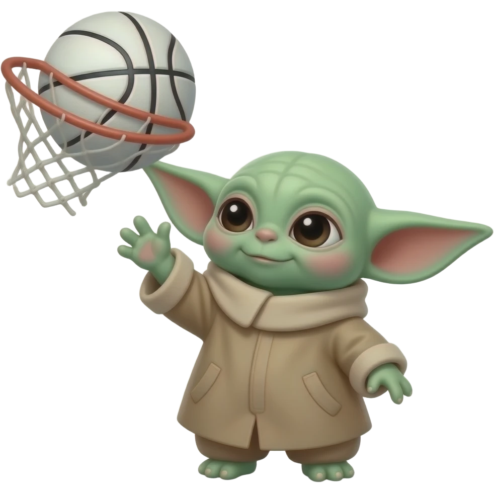 have baby yoda throwing a white basketball into a net emoji