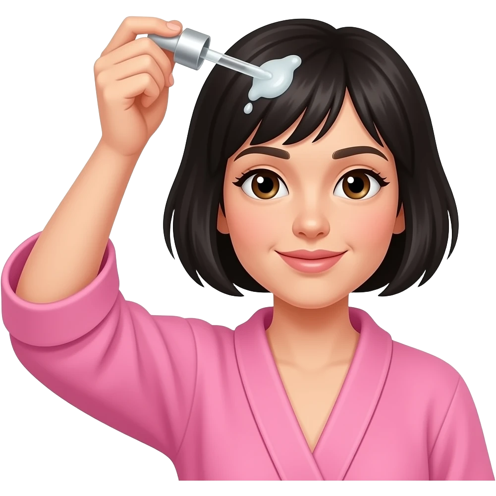 White girl taking care of her black short hair by giving herself a hair tonic massage with a dropper, wearing a pink robe, iPhone emoji style emoji