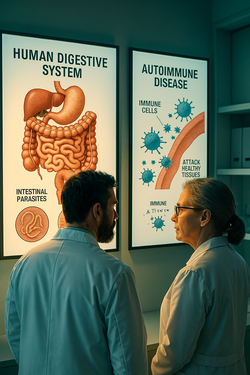 In italiano Realistic, detailed photo taken from behind of two doctors—a bearded man and a middle-aged woman—standing side by side in a modern medical office, intently studying a large, illuminated medical chart on the wall. The chart displays a detailed diagram of the human digestive system, highlighting the intestines and showing microscopic images of intestinal parasites. Next to it, another chart illustrates the immune system attacking healthy tissues, visually connecting gut parasites to autoimmune disease mechanisms. The room is bathed in a single green-blue color, with a warm, yellow-orange light casting soft shadows around the doctors. Both wear white coats and have serious, focused expressions, suggesting a deep discussion about the root causes of autoimmune conditions. Shot with a Canon EOS R5, with high detail, natural depth of field, and a clinical yet dramatic atmosphere. emoji