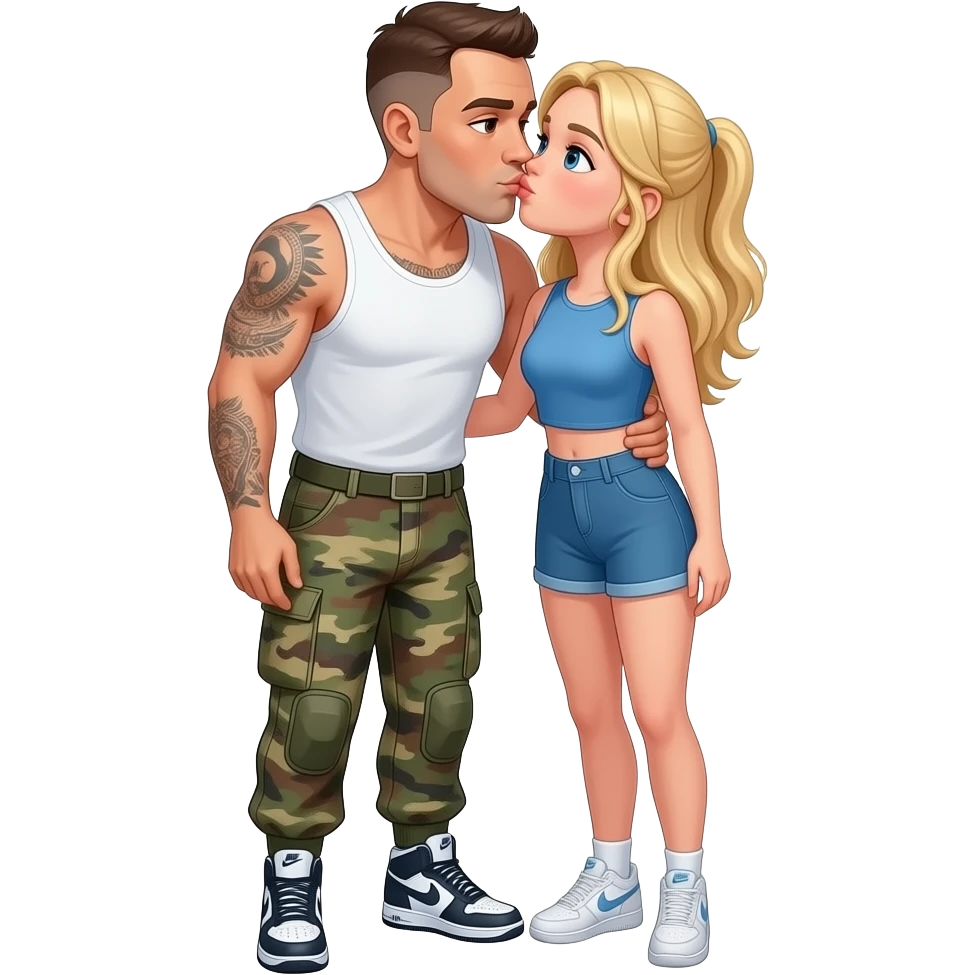 create an emoji of this man, older white man with brown hair and eyes short hair wearing cargo army print pants nike air force shoes and white tank top with tattoos on his arm. Now, can you add a younger blonde hair blue eye girl with blue crop top and matching shorts kissing him on cheeks emoji