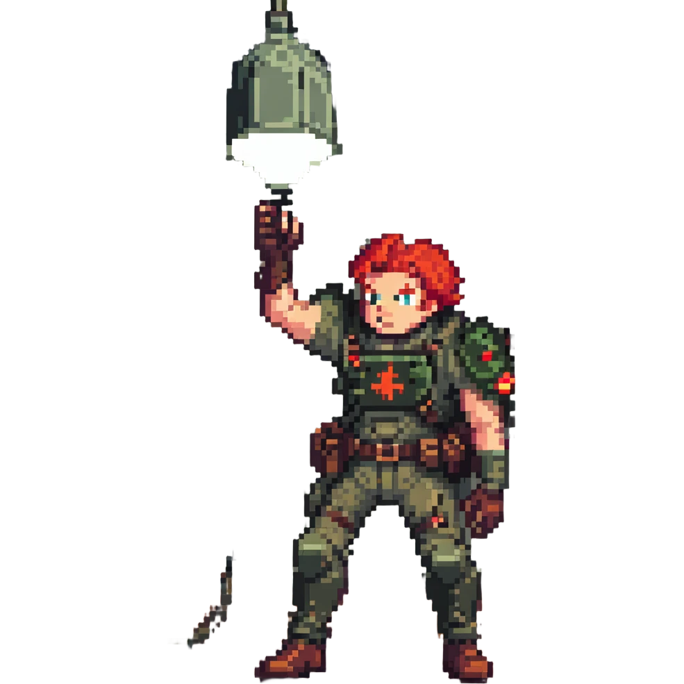 a SNES box art image of a man in military gear disarming a IED inside of a toolshed, dramatic single overhead lamp, he has red hair and a face like retro doomguy emoji