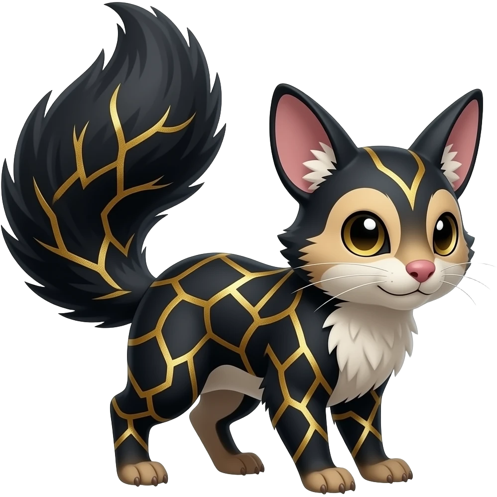 Hyper realistic obsidian fur etched with molten gold fault-lines and dark mirror shine beautiful elegant pretty precious cute Fakémon-Pokémon-opossum-feline-serval-caracal-chinchilla-Furret-Minccino-hybrid-creature with a big fluffy bushy tail (full body) emoji