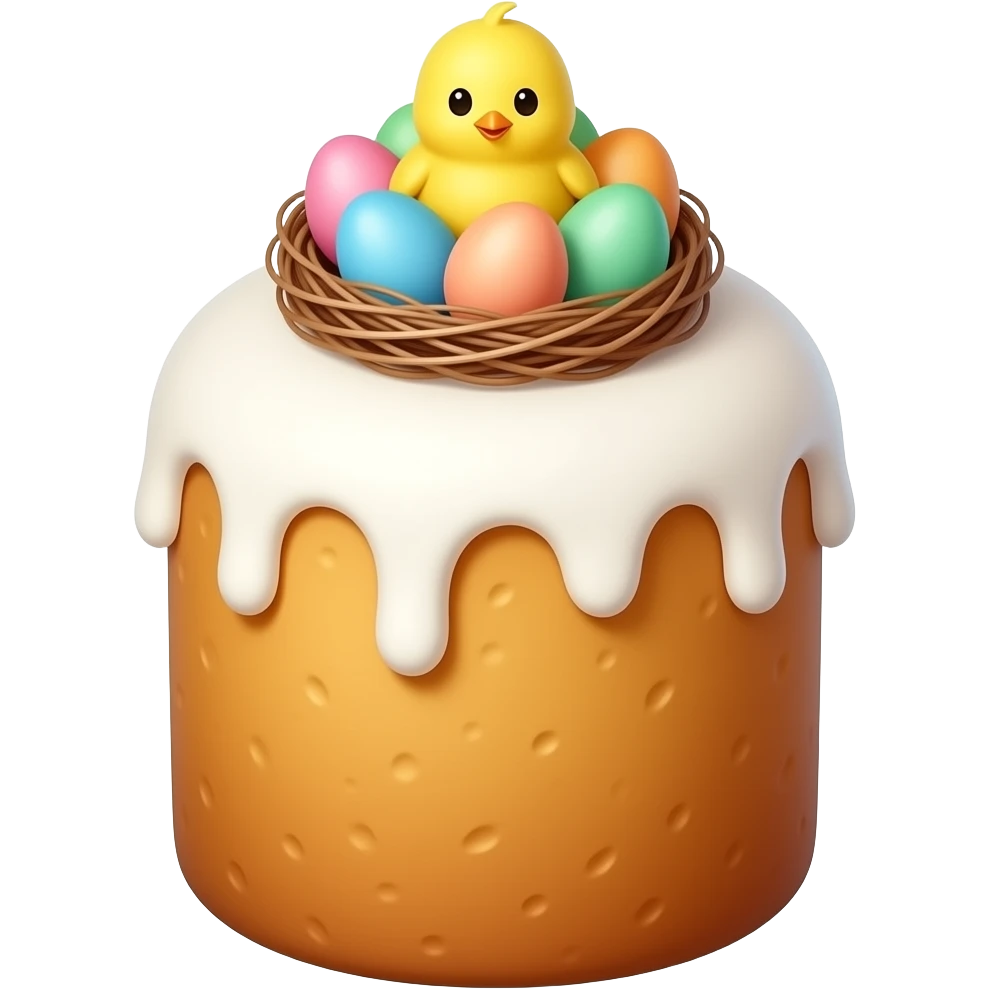 панеттоне золотистого цвета, высокий, с белой глазурью и украшением сверху в виде гнездышка с очень мелкими  яичками пастельных, желтым птенчиком emoji