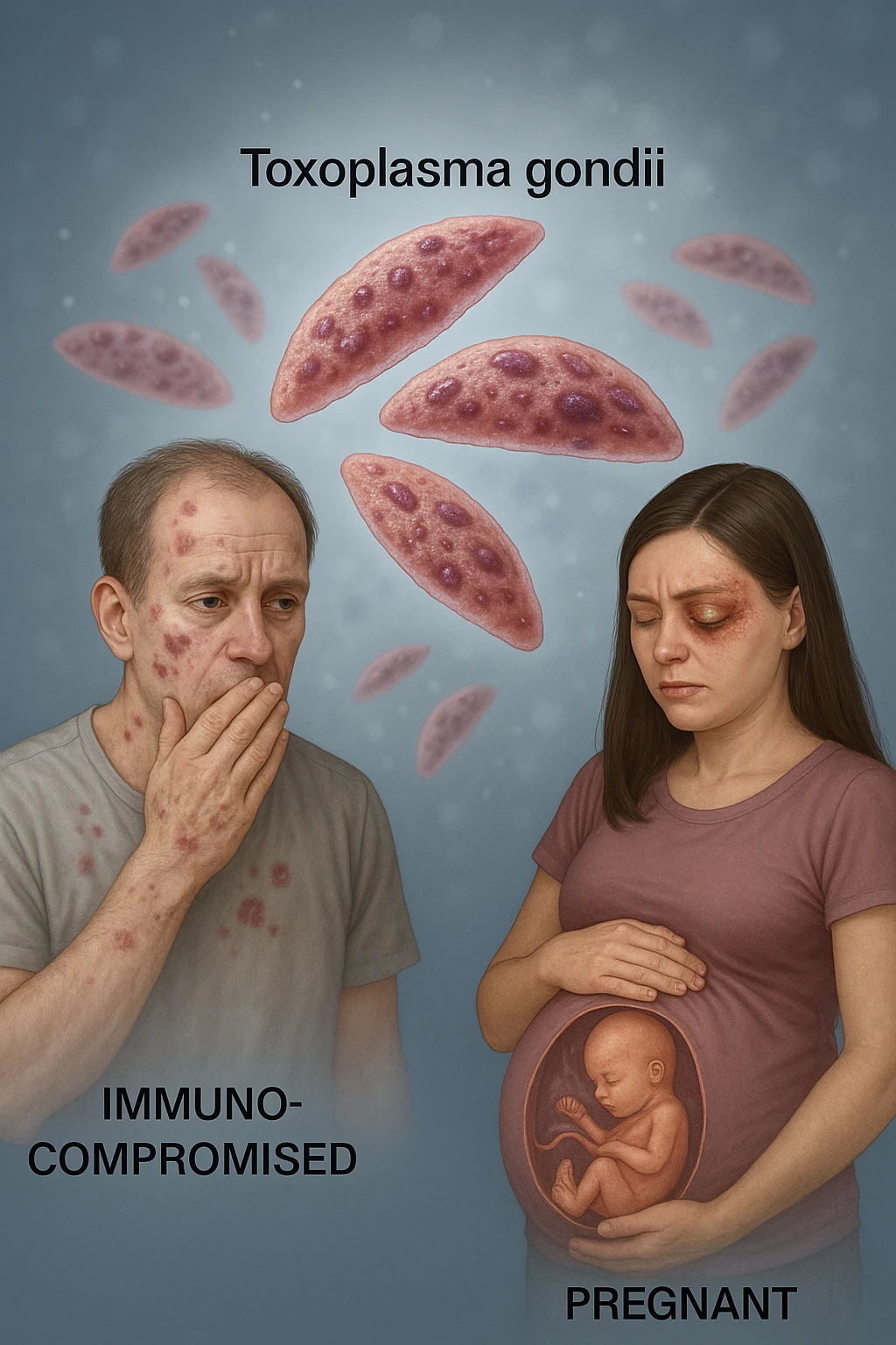 Toxoplasma gondii, infetta uomo immunodepresso e donne incinta. Causando gravi problemi tutto scritto in italiano immagine realistica emoji