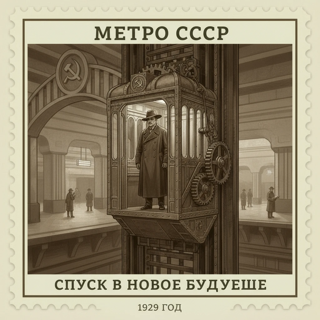 Человек в шляпе спускается в огромном лифте в метро. СССР 1920 годы

Стилизуй изображение под марку как на фото emoji