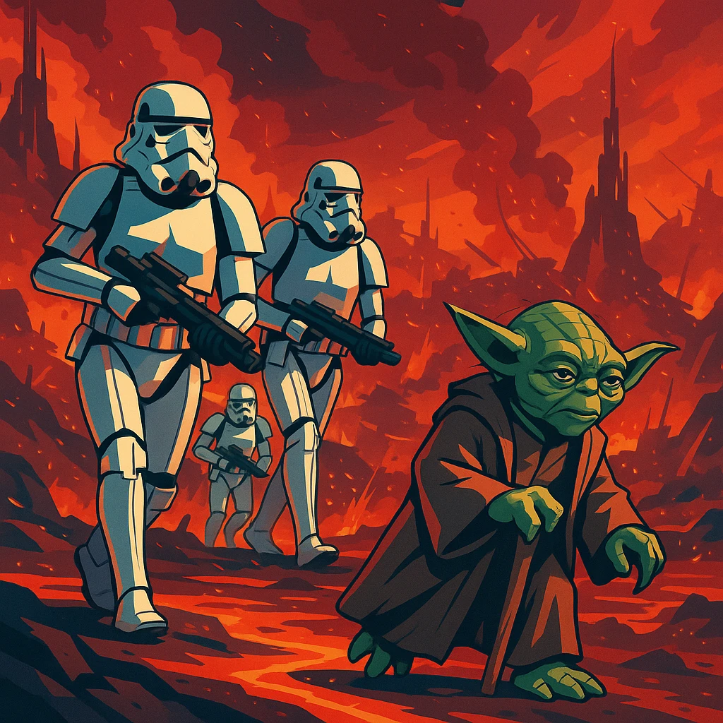 vector art of a Starwars stormtroopers is walking on lava planet with yoda, battleground background

 emoji
