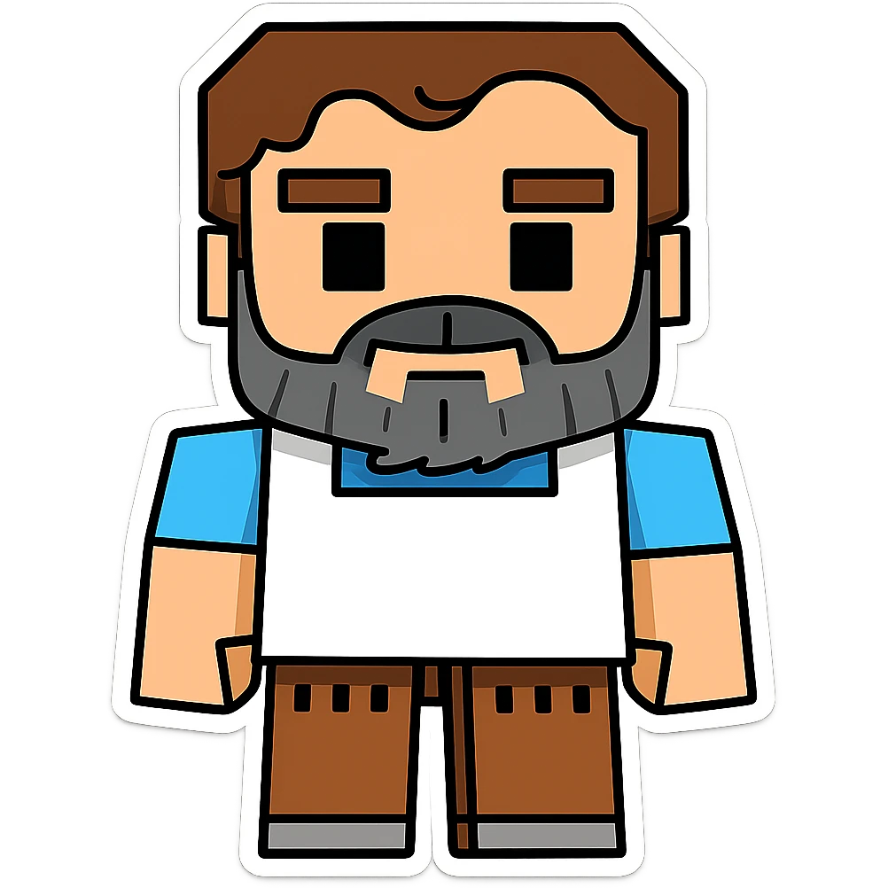 Add a grey beard with dark highlights and brown hair to Jack Black as Steve from the Minecraft movie in sticker style. Keep the background transparent. emoji