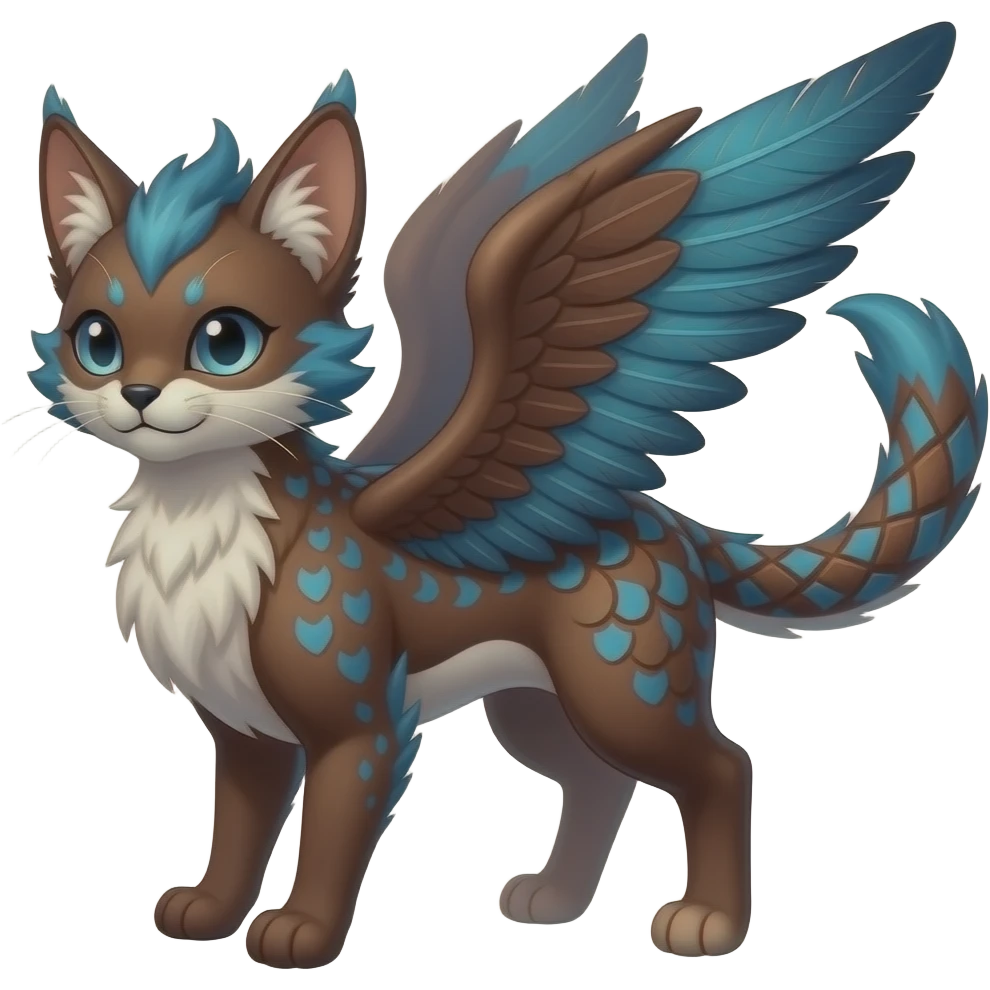 Khoi-flecks-scales-patterned majestic feathery elegant realistic stylish Furry, fluffy tropical painted feathery scaly, dark-brown, sanguine, sapphire-blue, white, Minccino-Bambino-Lykoi-Linoone-Zangoose-fusion-hybrid-animal-Fakémon-creature, full body, thin long sleek scaly tail, intricate markings emoji