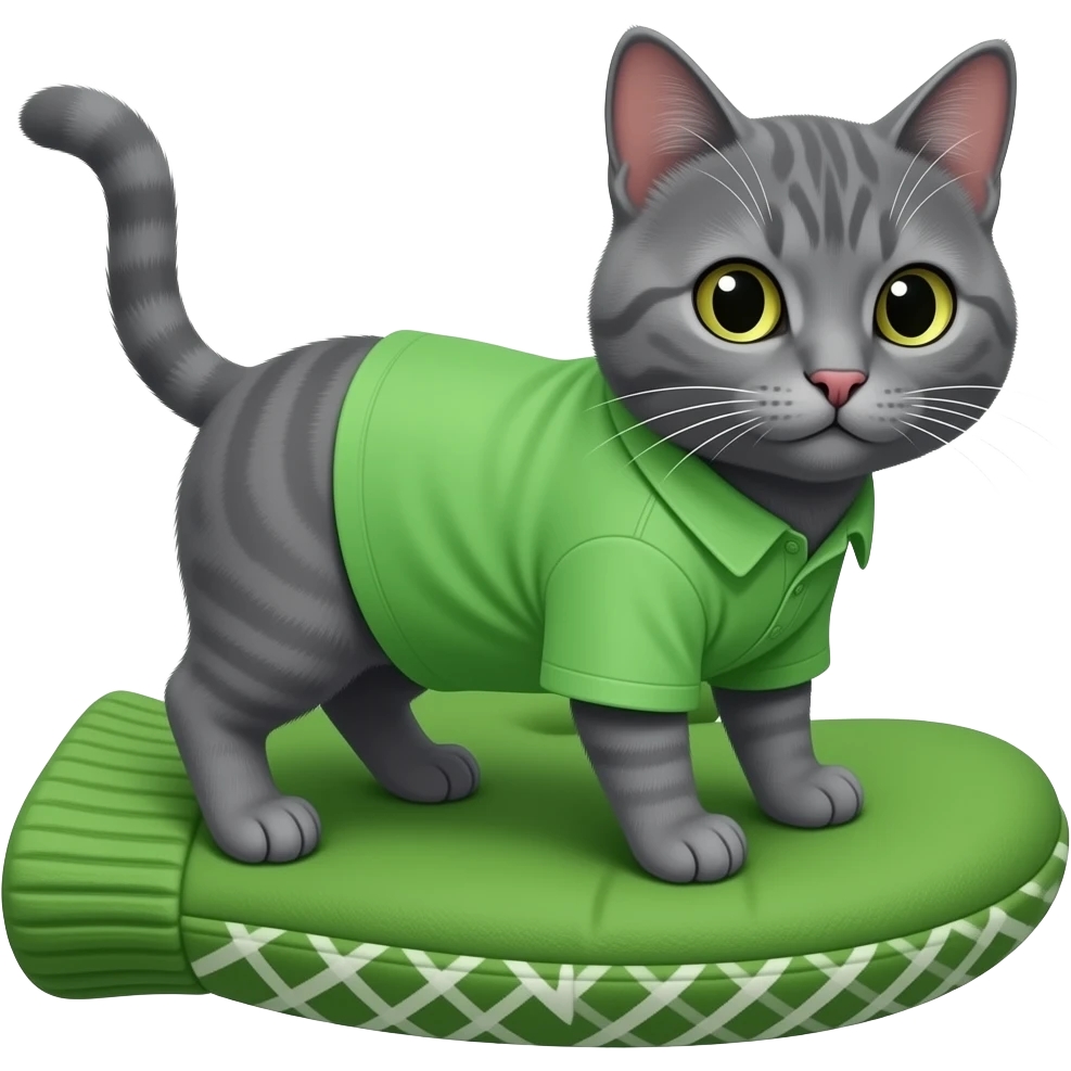 Cartoon brother gray cat wearing a green shirt standing put on the mitten emoji