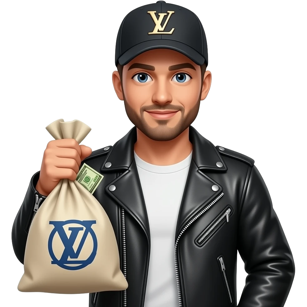 марень в кожаной куртке в кепке LV в руках сумка с деньгами и эмблемой OFM emoji