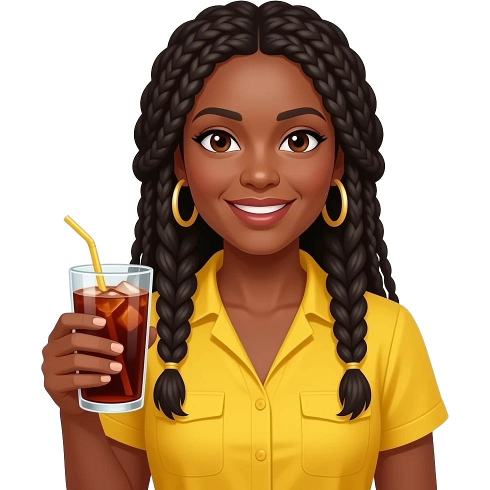 professional black woman in her 40s with long hair braids wearing a yellow top and holding cup of soda emoji