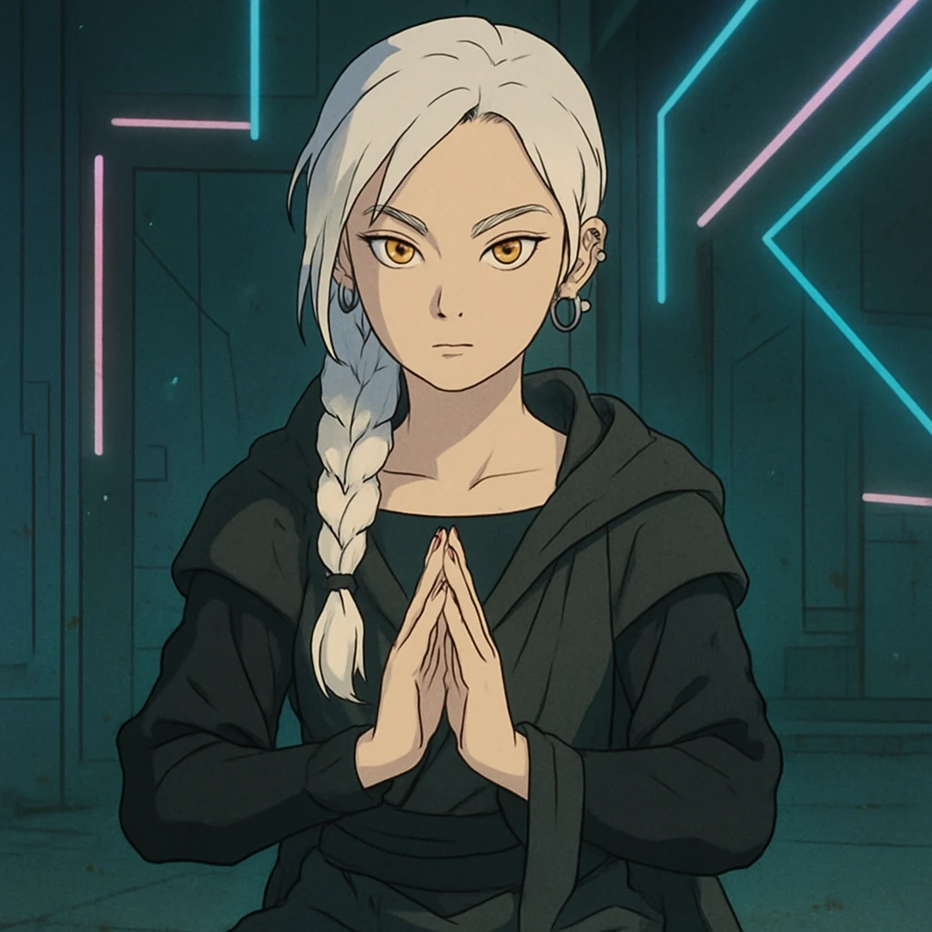  a closeup portrait of young woman with gold yellow eyes, white hair, long braid, black off-shoulder top, punk gothic style, futuristic cyberwave cyberpunk,  jedi attire, kneeling and gathering chi, jedi meditate emoji