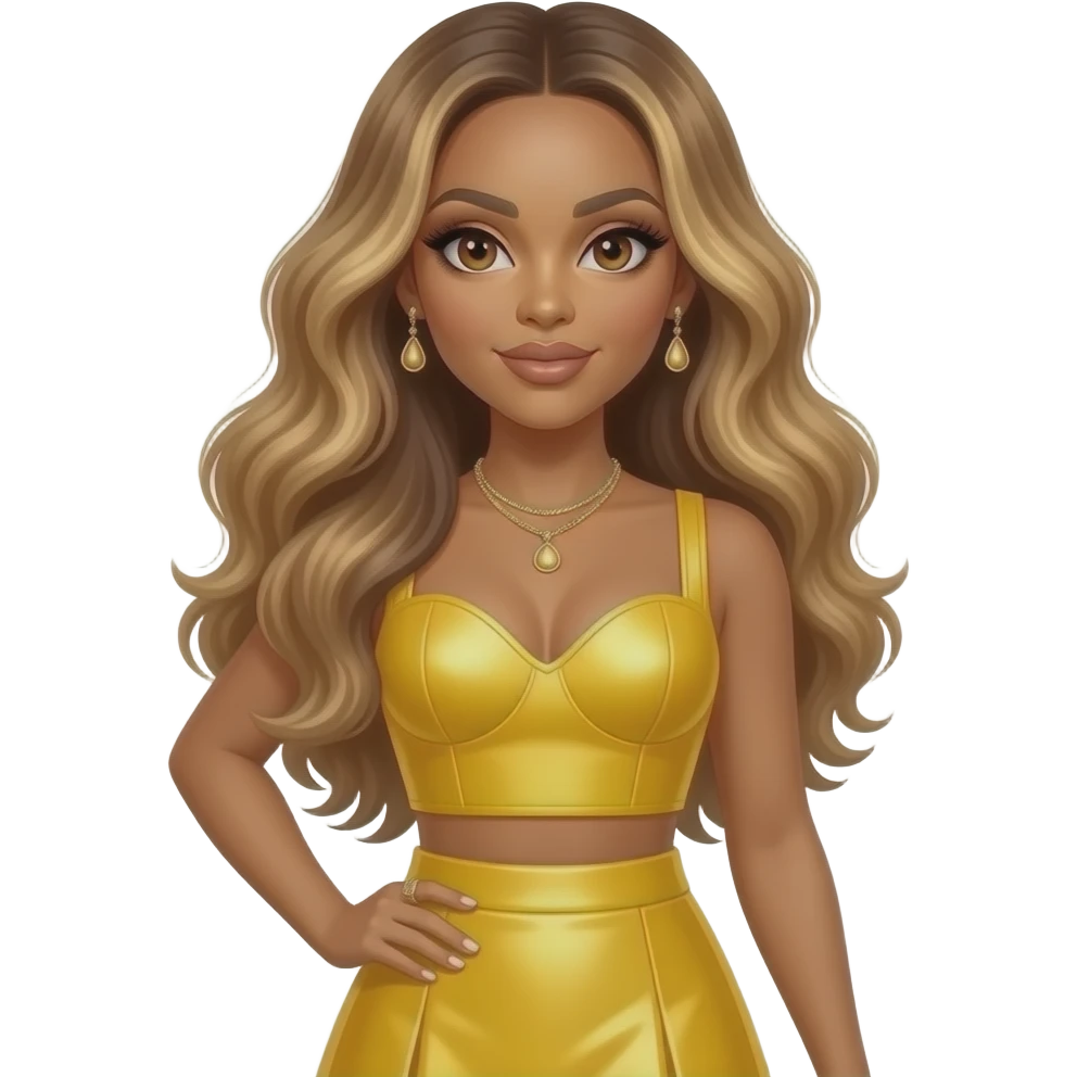 Beyonce with hazel eyes, long golden brown hair with blonde highlights, yellow metallic sleeveless sweetheart crop top, yellow metallic long skirt, necklace and earrings emoji