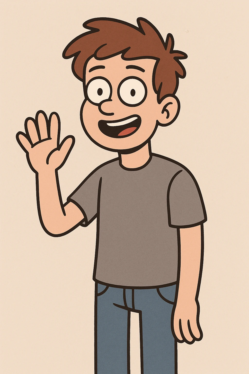 A boy grey shirt blue jeans a hand say hello  emoji