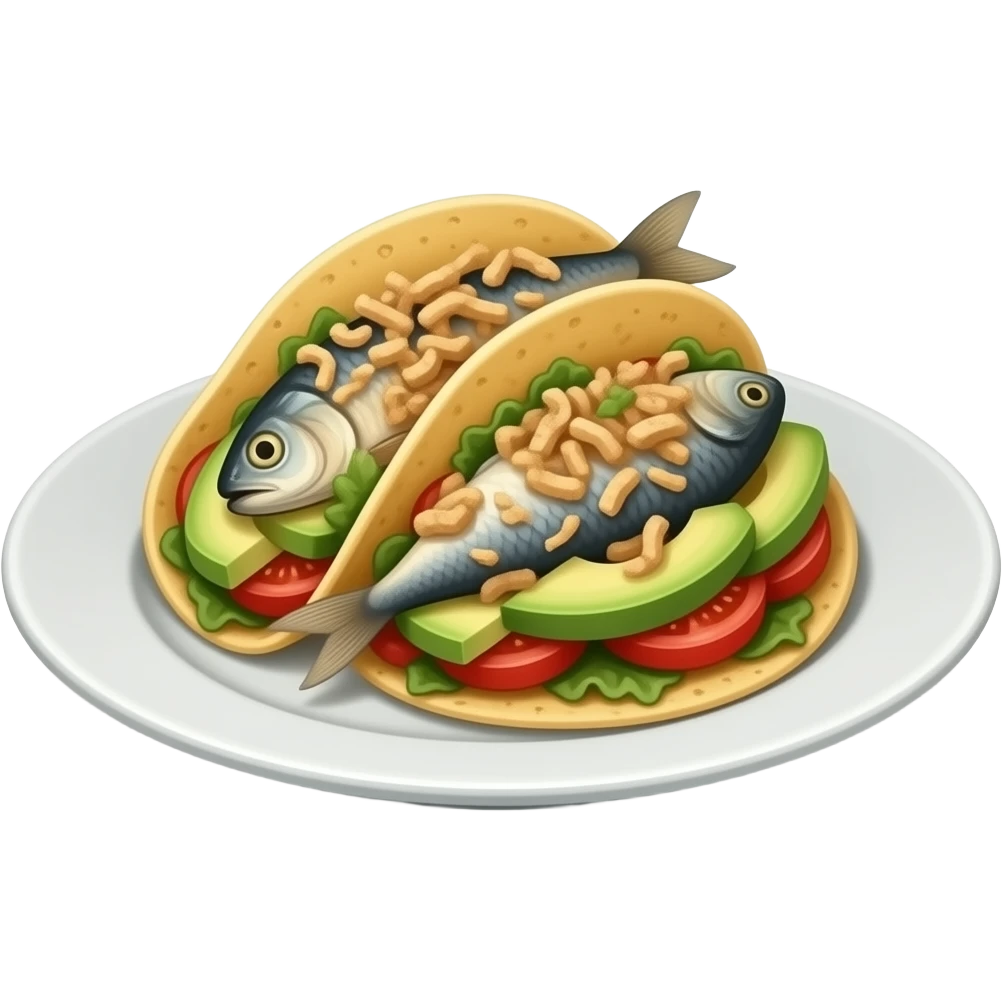 tacos de sardina en pedazos, con aguacate y jitomate servidos en un plato blanco plano emoji