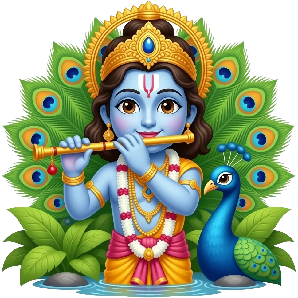 Krishna in jungle with peacock and flute emoji