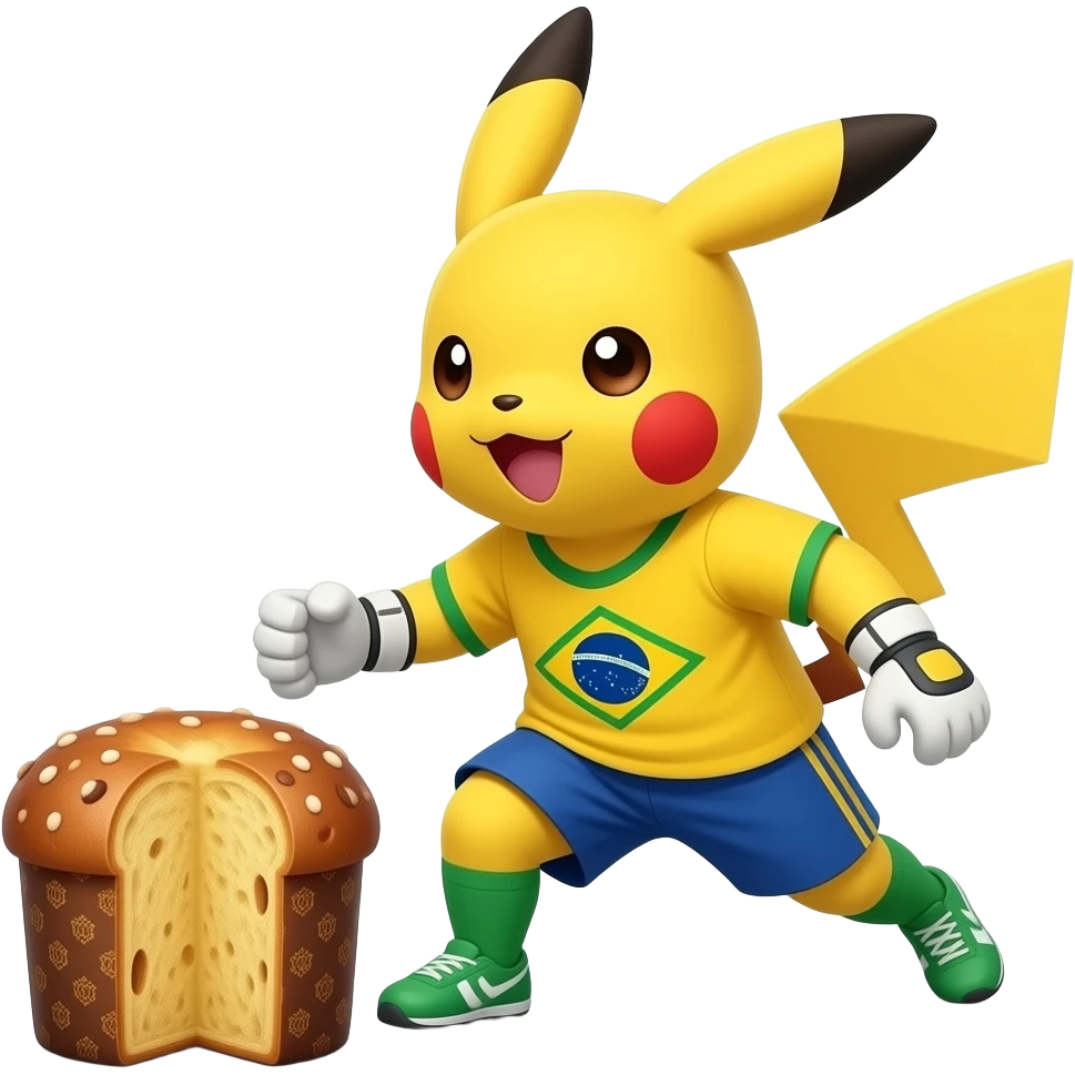 brazilian pikachu catching a panettone like a goalkeeper(soccer style) emoji