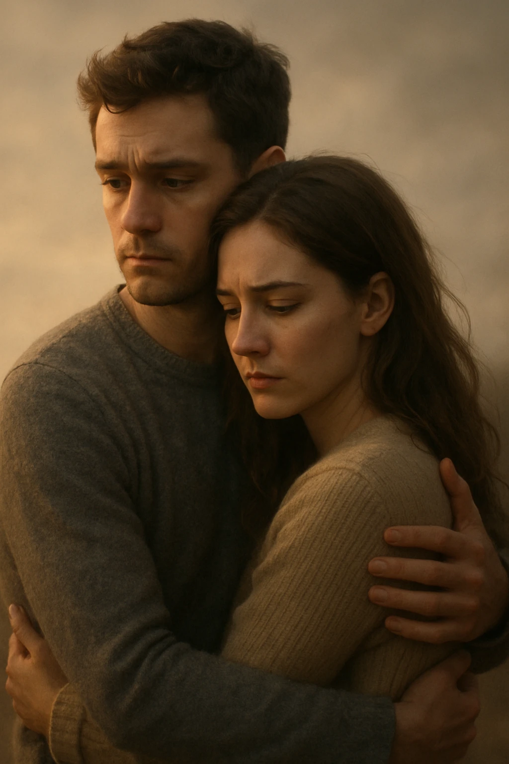 Vertical format: couple embracing but with thoughtful faces, blurred background, atmosphere of uncertainty but with warm light suggesting possibility of reconciliation, emotional and tender emoji