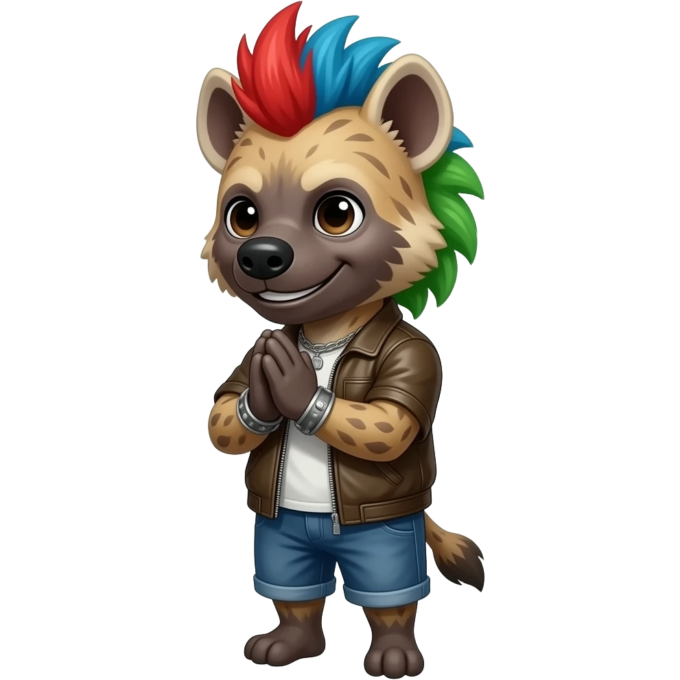 hyène punk cheveux rouge bleu vert qui prie avec le sourire emoji