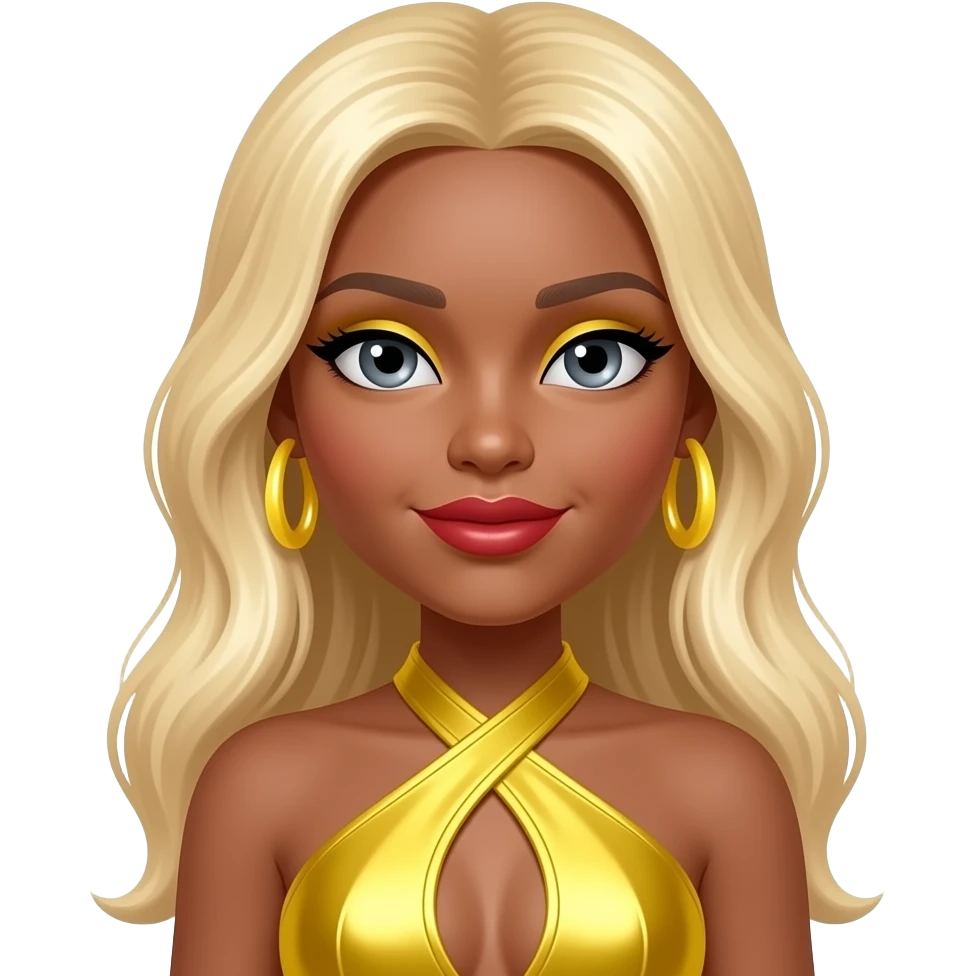 Raya from Bratz with tan skin, grey eyes, long blonde hair, yellow eyeshadow, red lipstick, yellow metallic halter dress, yellow earrings emoji
