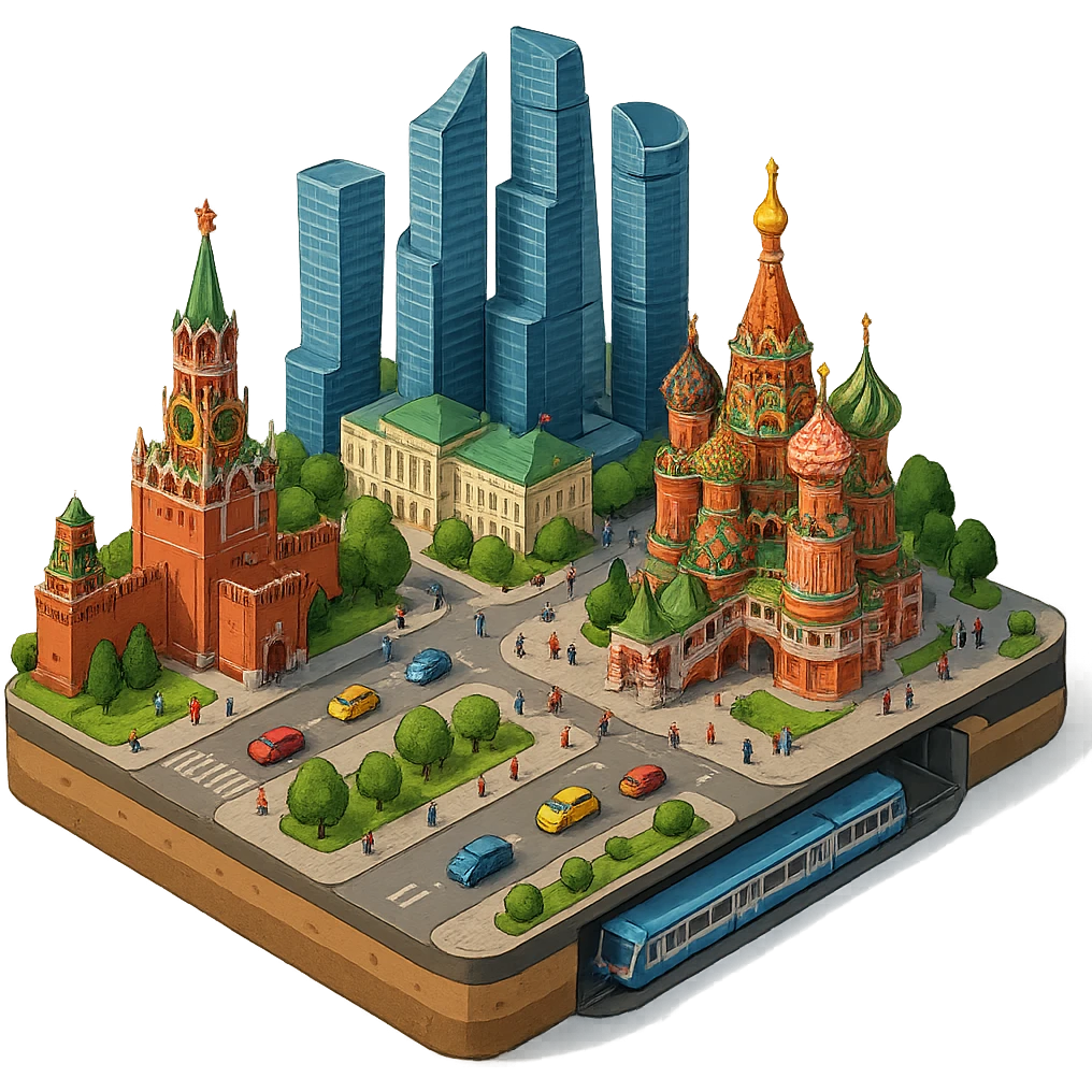 Изометричная миниатюрная 3D модель Москвы на подставке - фотореалистичный Кремль, собор Василия Блаженного, фотореалистичный Башни Москва-Сити, аккуратная детализация, четкие линии, яркие цвета, мультяшный реализм, гуляют люди и современный автотранспорт и метро, компактная композиция, вид сверху в изометрии, прозрачный фон emoji