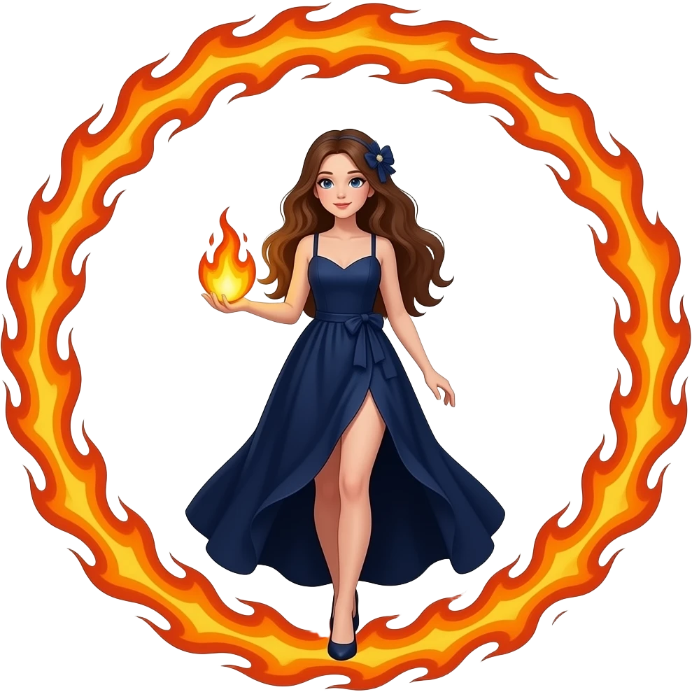 an elegant mystical girl in a long dark blue dress carries a small flaming globe in her hand and walks through a huge flaming ring emoji