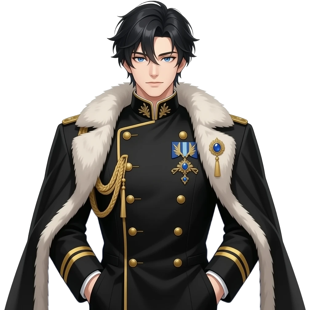 handsome muscular anime noble, jet black layered hair, piercing ocean-blue eyes, pale skin, sharp aristocratic features, wearing black navy high-collared military-style uniform with gold embroidery, gold-trimmed cuffs, gold-trimmed cuffs, gold epaulette with blue gemstone brooch & fur-collared coat emoji