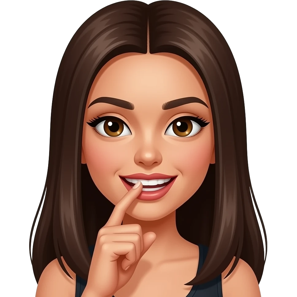 dark brown hair middle parting long haired girl biting finger seductively showing teeth emoji