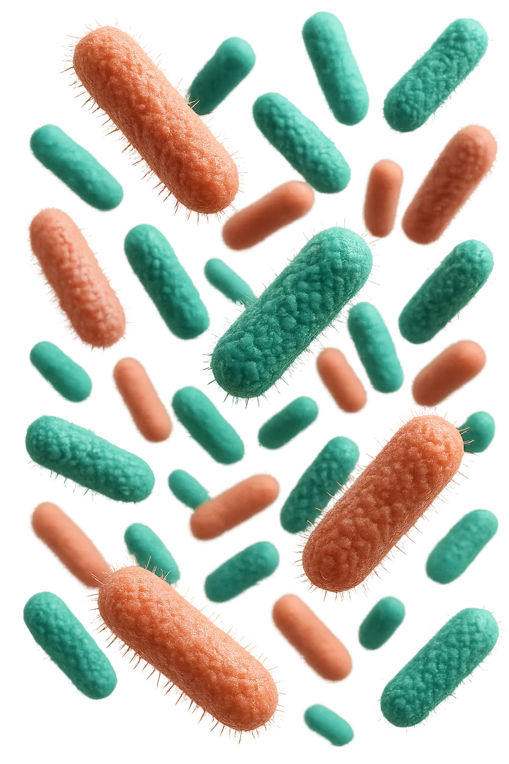 batteri intestinali rosa salmone e turchesi fluttuano in aria, iperrealistici 4k emoji