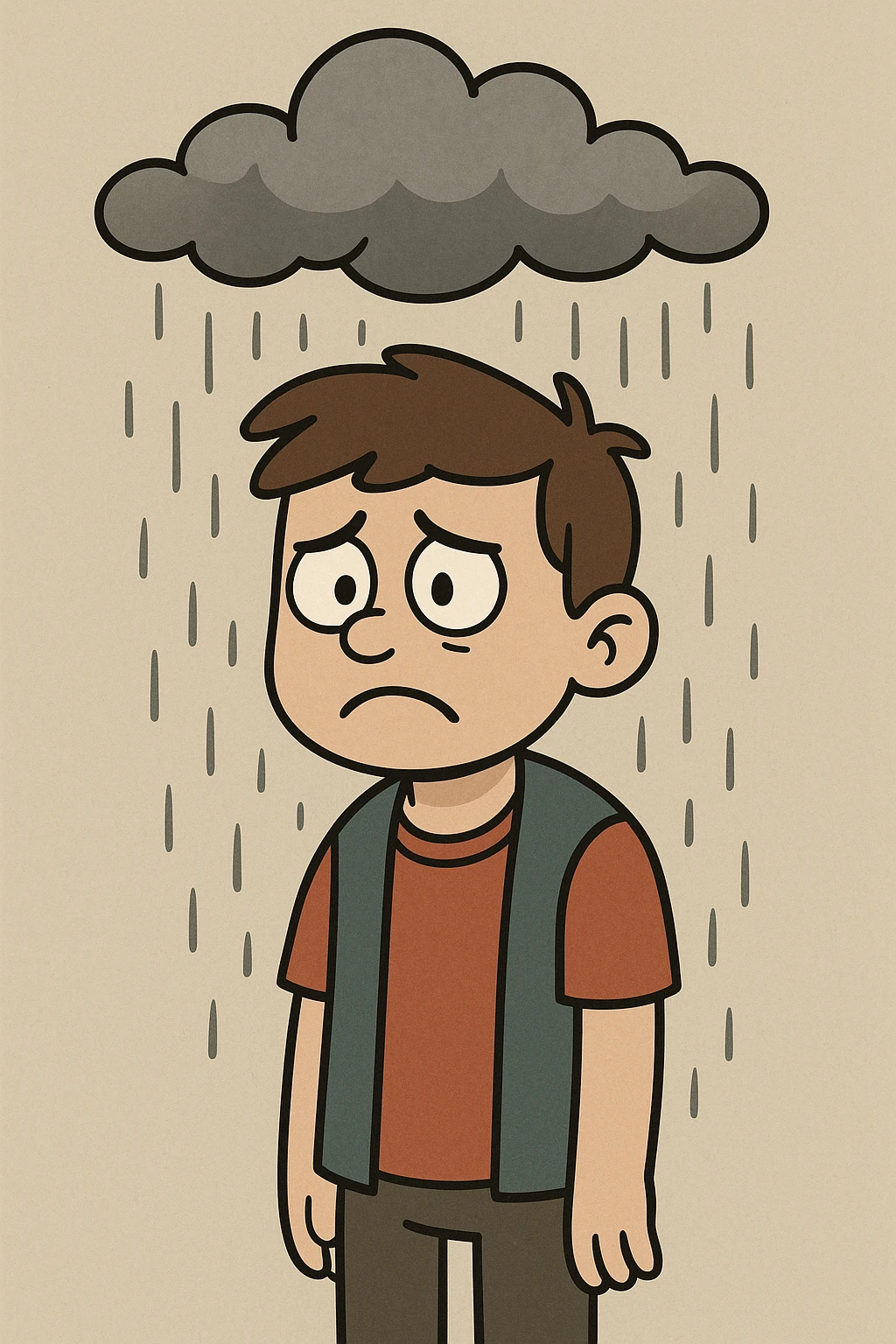 a sad boy under gray clouds and rain, minimal flat style, clean lines, subdued palette emoji