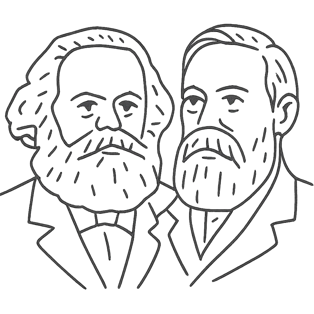 a black outline portrait of Karl Marx and Engels together based on a famous portrait of them, with eyes the same size and noses less abrupt emoji