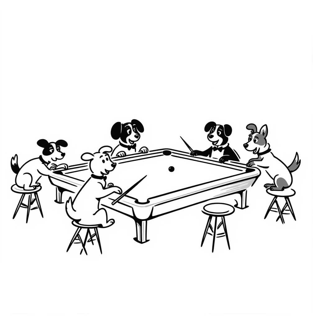 coloring page in Bobbie Goods style: several cute dogs playing pool in a bar, thick black lines, no color fill, ready to color emoji