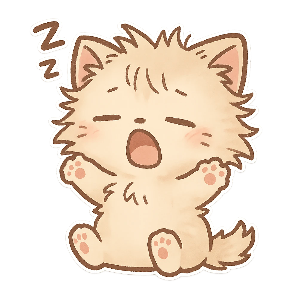 chibi style cat waking up, tiny paws, messy fur, cute expression emoji