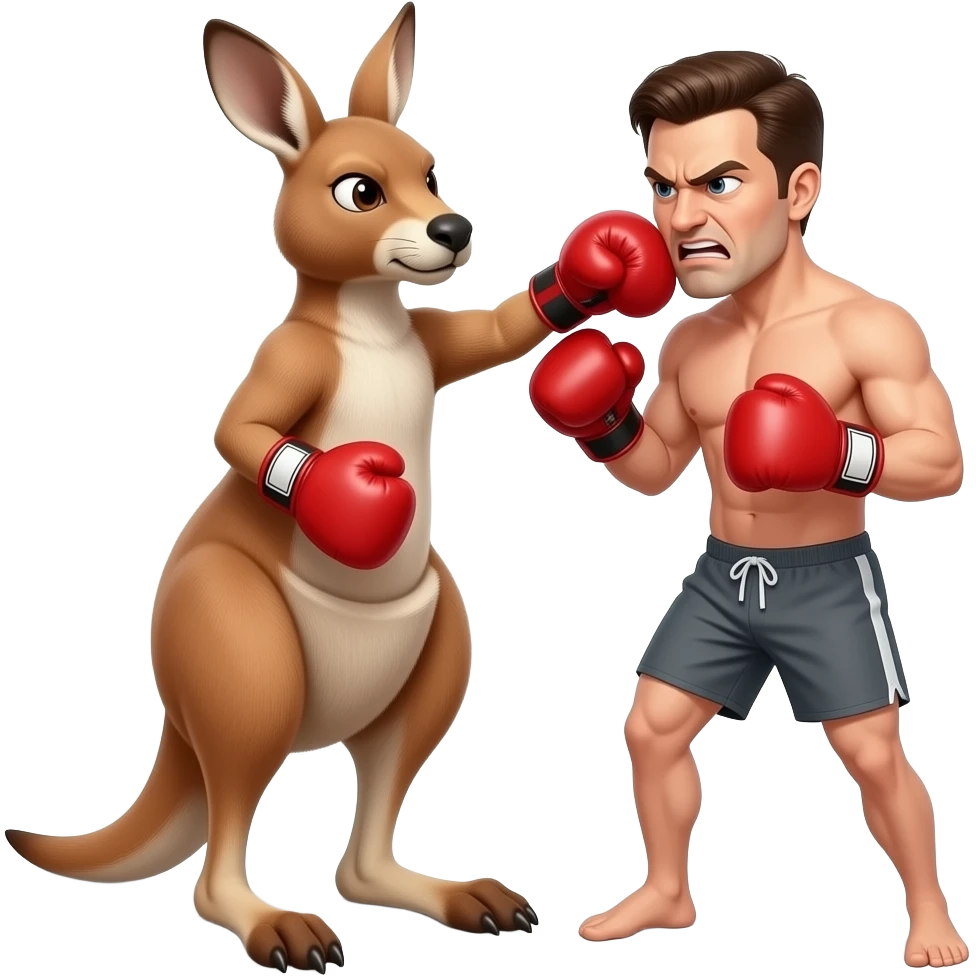 Un canguro enojado dándole un puñetazo con guantes rojos de boxeo en la cara de un hombre en pantaloneta gris enojado con guantes de boxeo rojo que se mire realizta emoji