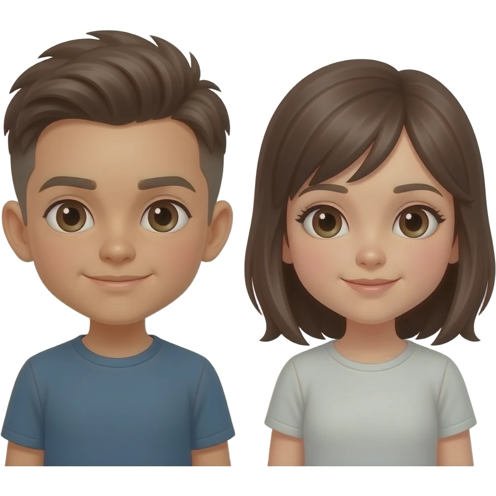 Koyu kahverengi gözlü, Kumral, Buzz Cut saçlı erkek çocuk yap ama saçı biraz daha uzun olsun ten rengini buğday yap saçını düzleştir yanına da gri hırkalı Kumral, koyu kahverengi gözlü kız koy kızın saçını biraz daha uzat ve ten rengini buğday yap emoji