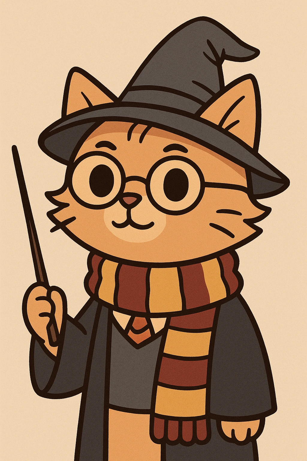a cat as Harry Potter with glasses, wizard hat, and scarf, holding a wand, cartoon style, flat toon emoji