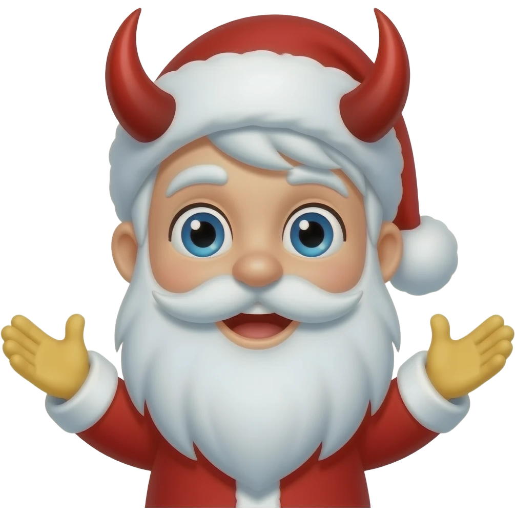 like Santa Claus blue eyes but with red devilshorns throughly the hat with yellow smiling face and open arms like that 🤗and without glasses and overlipbeard!!! emoji