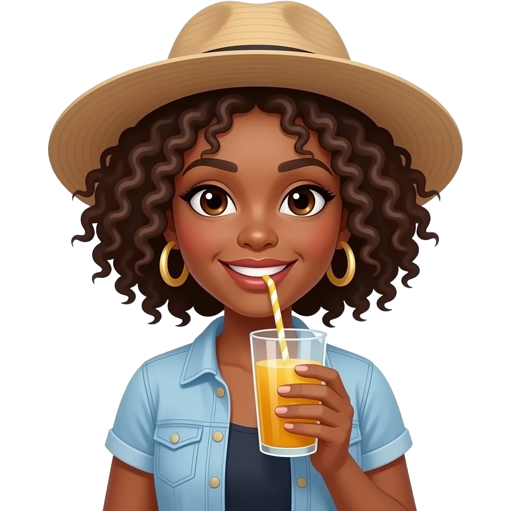 afro lady with brown hairs wear hat and hold drink emoji