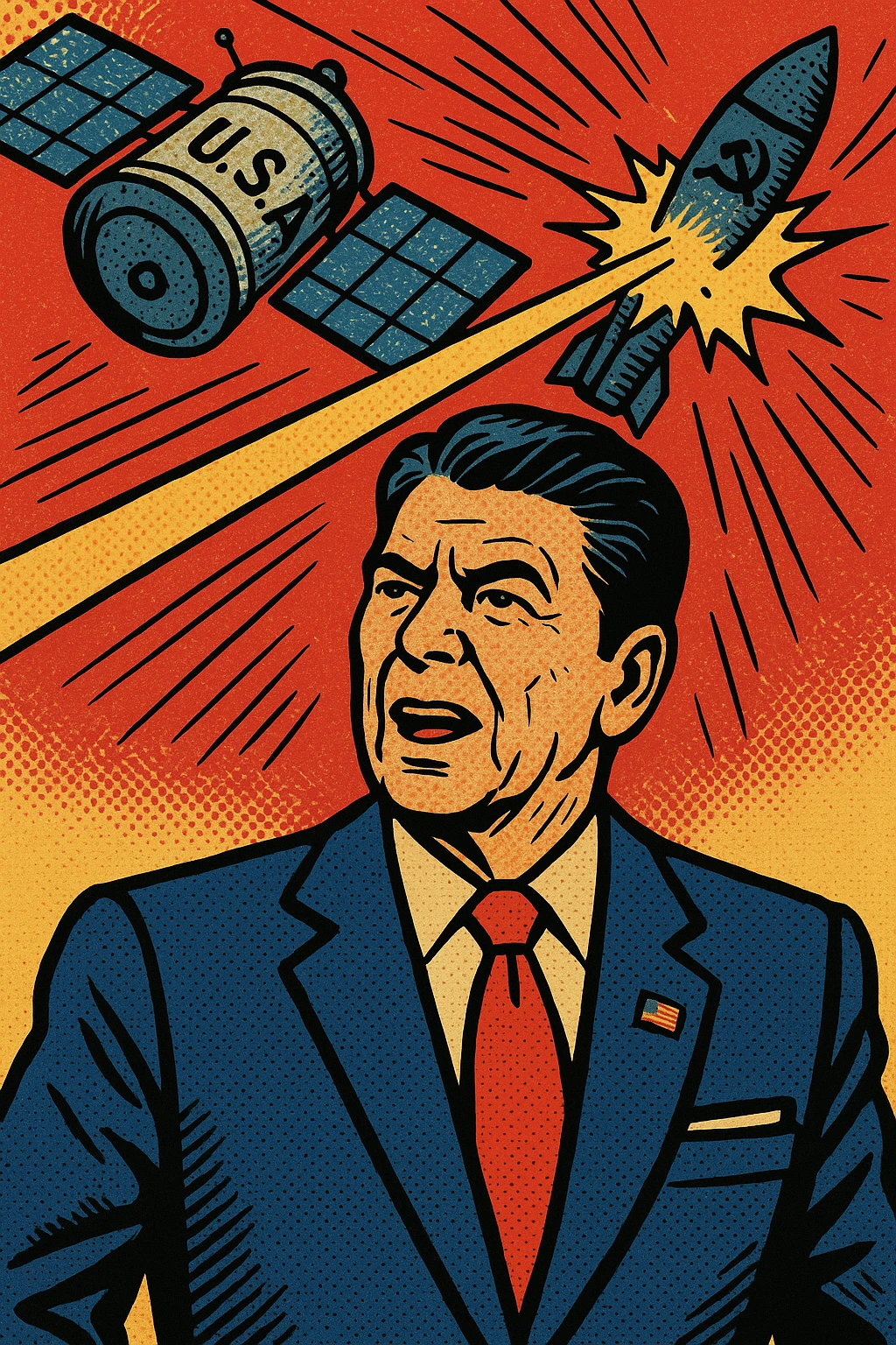 US President Reagan wearing a blue suit with a US flag badge standing in front of a background where you can see a US satellite with a laser shooting down a Soviet Union missile emoji