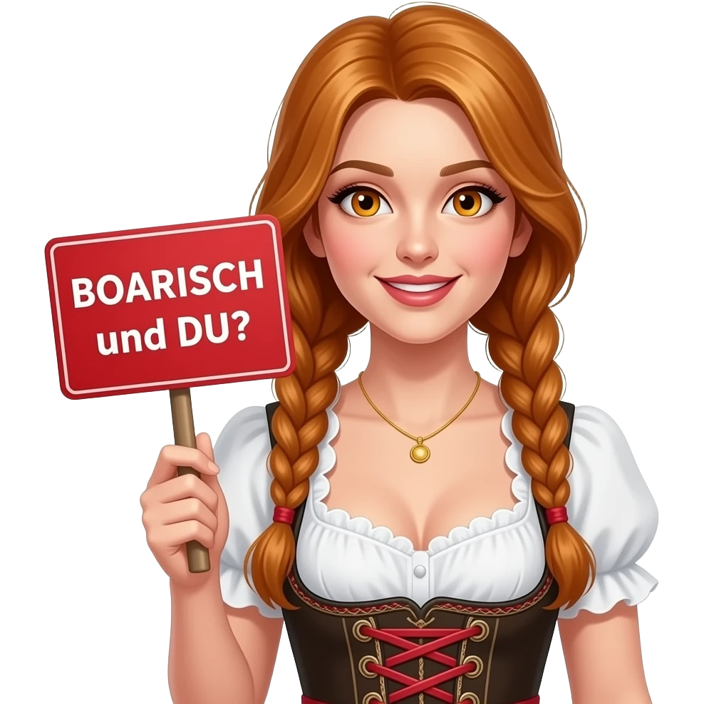 sexy girl with overlong ginger hair in braids and ginger eyes wearing a dirndl holding a I red BOARISCH und DU? sign emoji