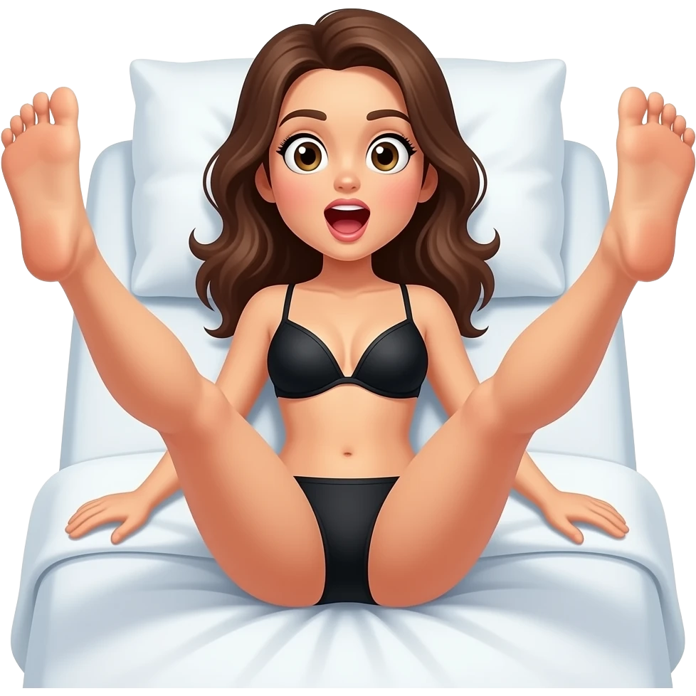 een vrouw op bed, zwarte bh, geen slipje, liggend, benen uit elkaar en omhoog, ogen en mond open emoji