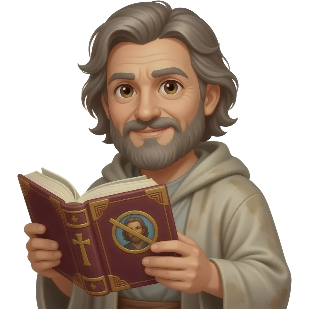 wise old man with grey brown hair robe slight smile brown eyes beard with burgundy book that has a cross on it no circle emoji