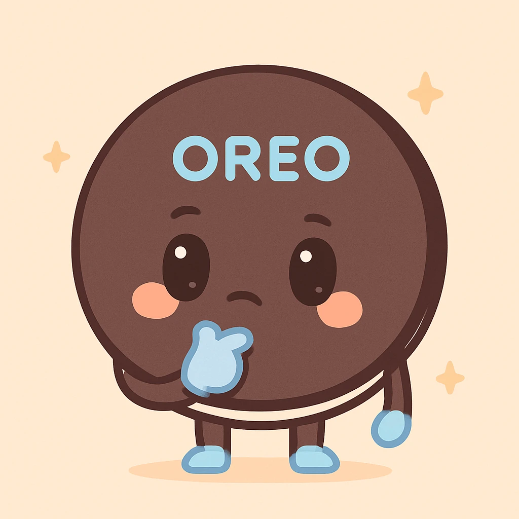 an Oreo cookie with a hand on its chin, thinking, cute style emoji
