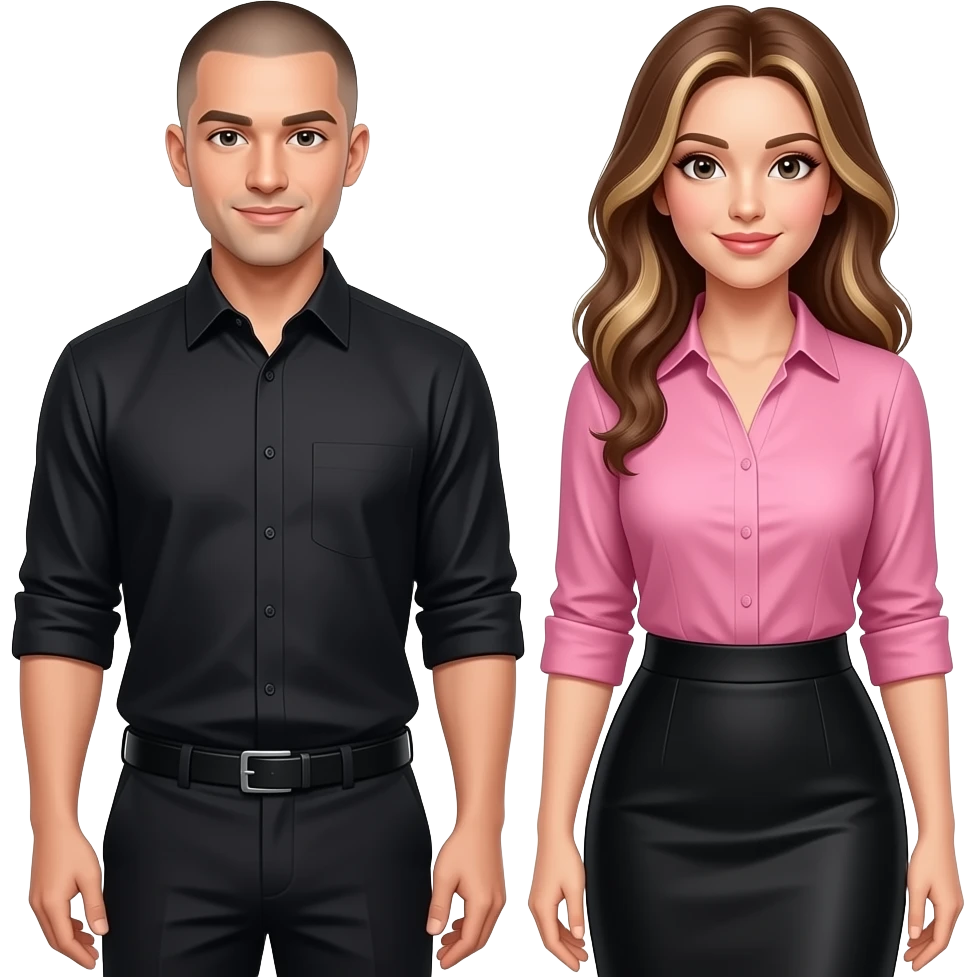 White man with shaved hair wearing black shirt with woman with Brown and blonde hair wearing a pink shirt and black skirt emoji