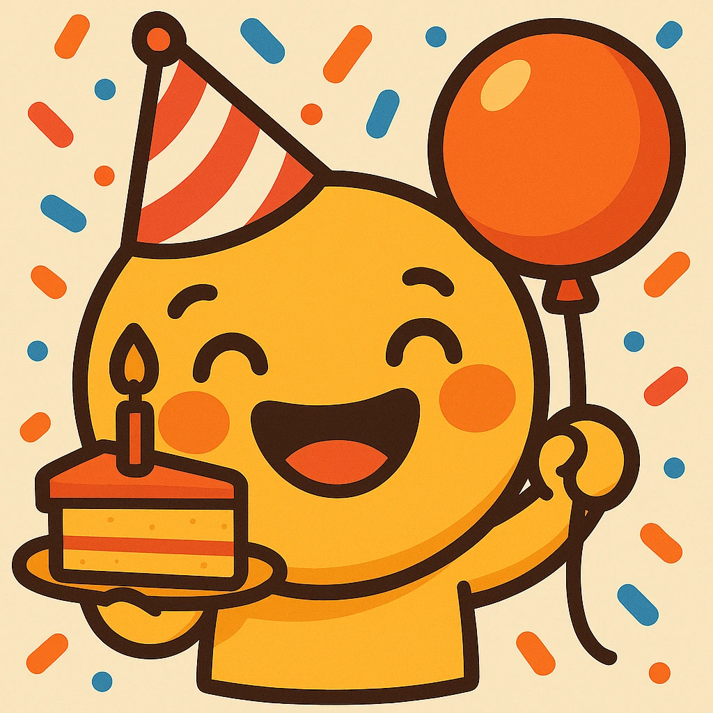 Change the party hat to red with white stripes, keep the rest of the emoji the same, bright cartoon style with confetti background. emoji