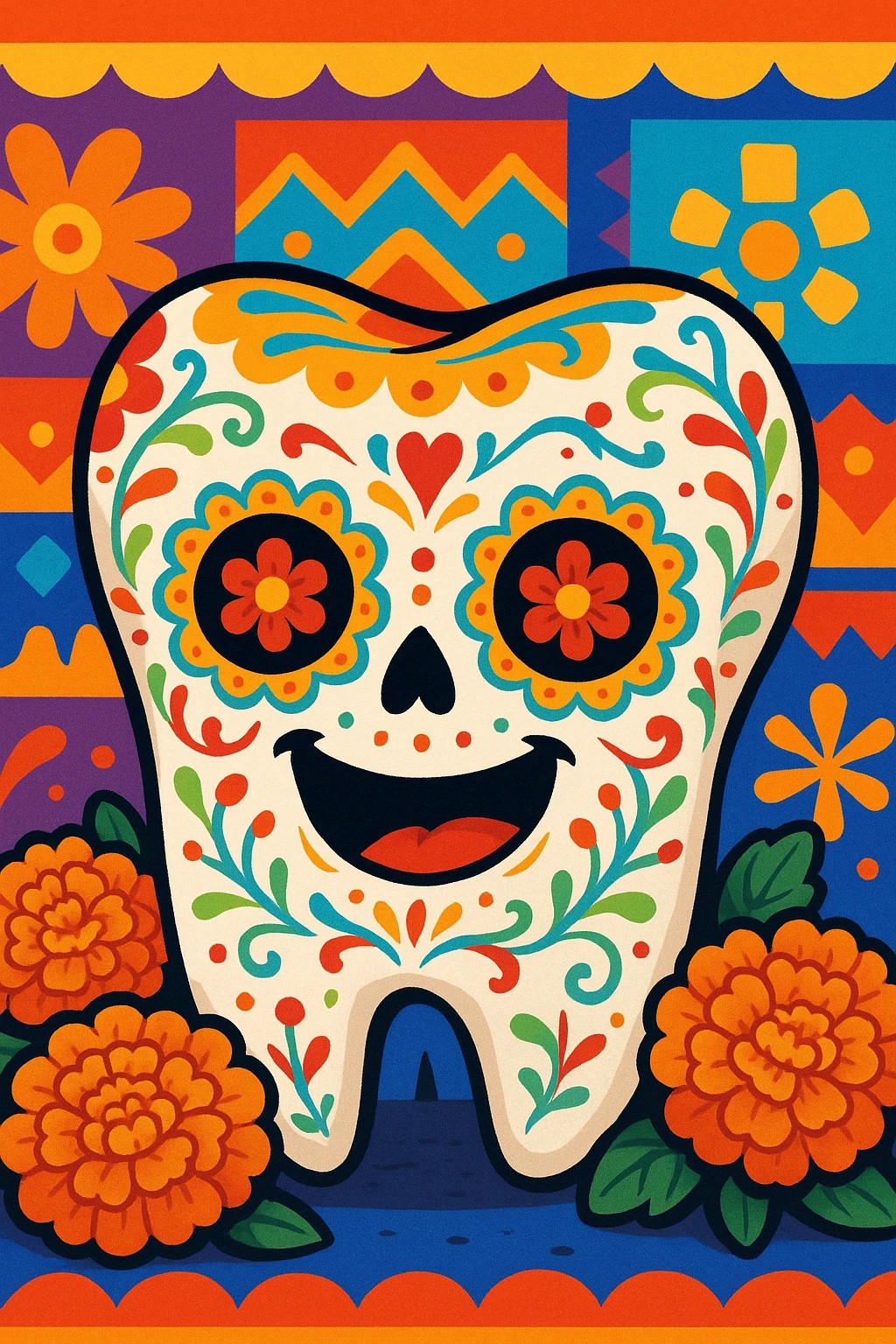 molar tooth celebrating Día de Muertos, with sugar skull details, cempasúchil flowers, and festive Mexican background, fun cartoon style emoji
