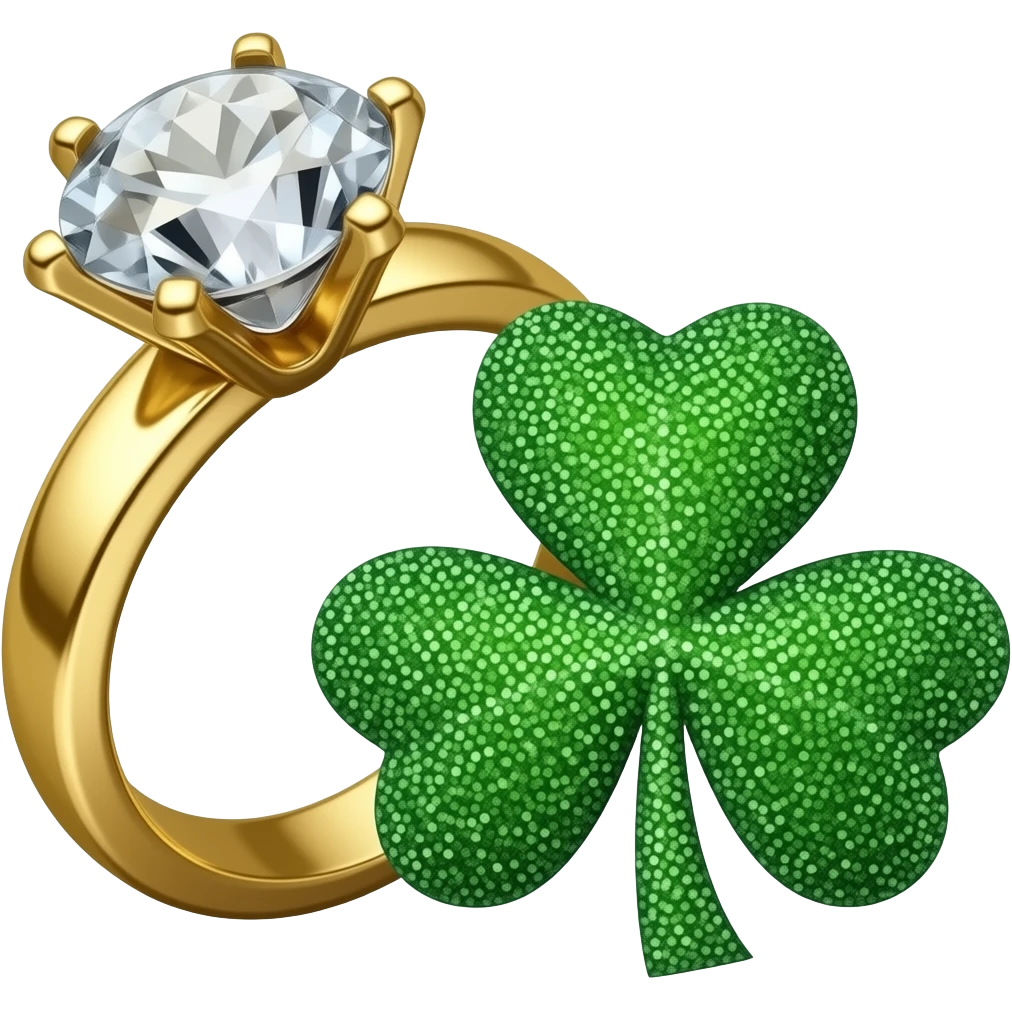 gold diamond ring next to a glittery shamrock emoji